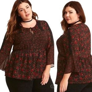 Torrid Black and Red Floral Semi Sheer Blouse Bell Sleeves Elastic‎ Waist
